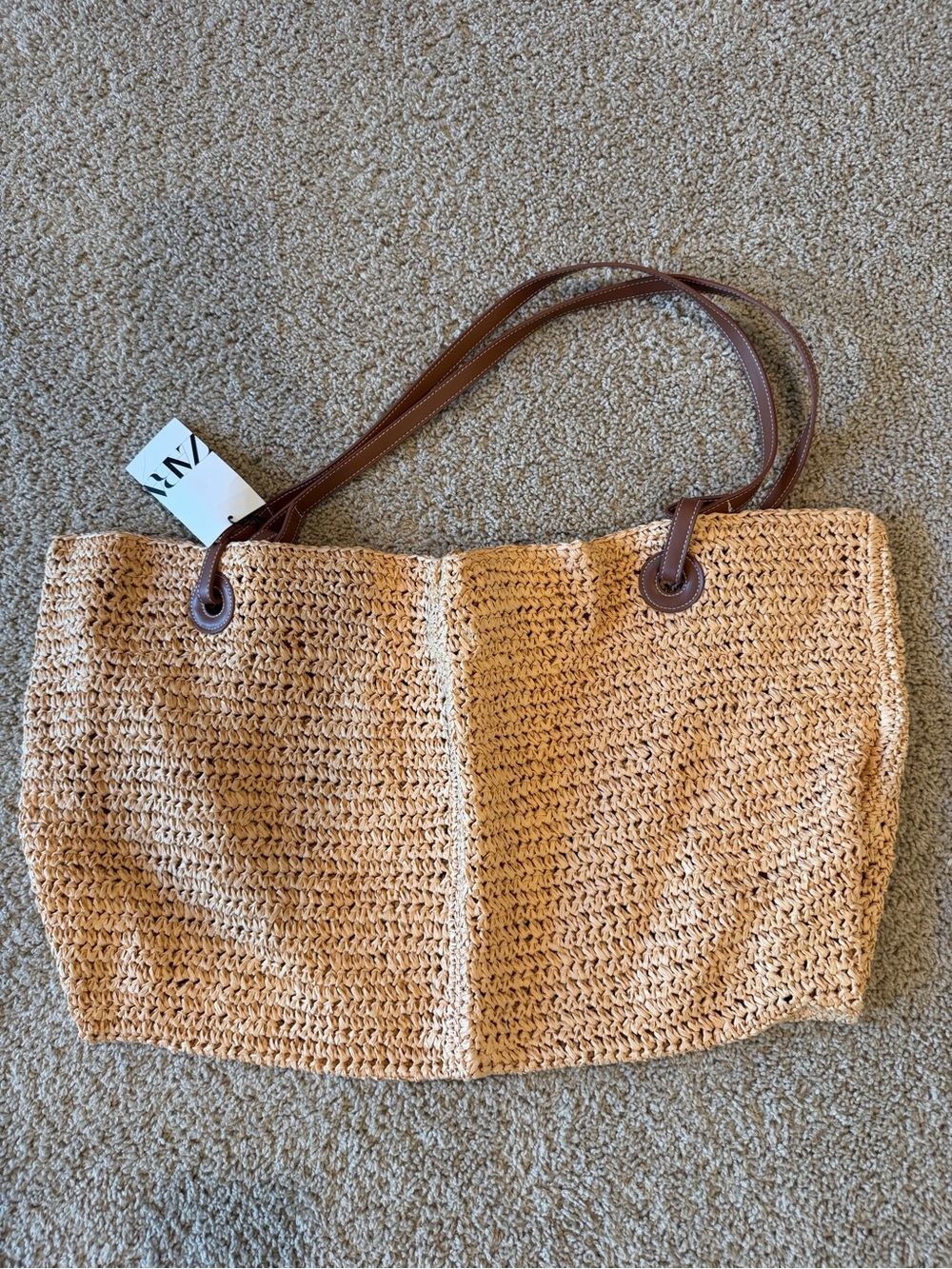 Zara Beige Woven Tote with Brown Handles